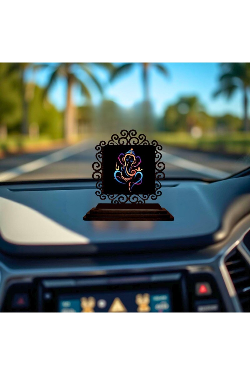 Car Desk/Table Top Lord Ganesha Wooden Showpiece 3x4 Inches, Compact & Stylish Spiritual Display for Car, Home & Office (Pack of 1) (F20025)