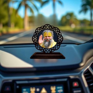 Car Desk/Table Top Premanand Ji Maharaj Wooden Showpiece 3x4 Inches, Compact & Stylish Spiritual Display for Car, Home & Office (Pack of 1) (F19729)