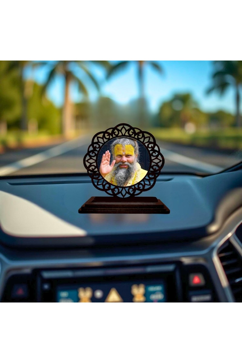 Car Desk/Table Top Premanand Ji Maharaj Wooden Showpiece 3x4 Inches, Compact & Stylish Spiritual Display for Car, Home & Office (Pack of 1) (F19729)