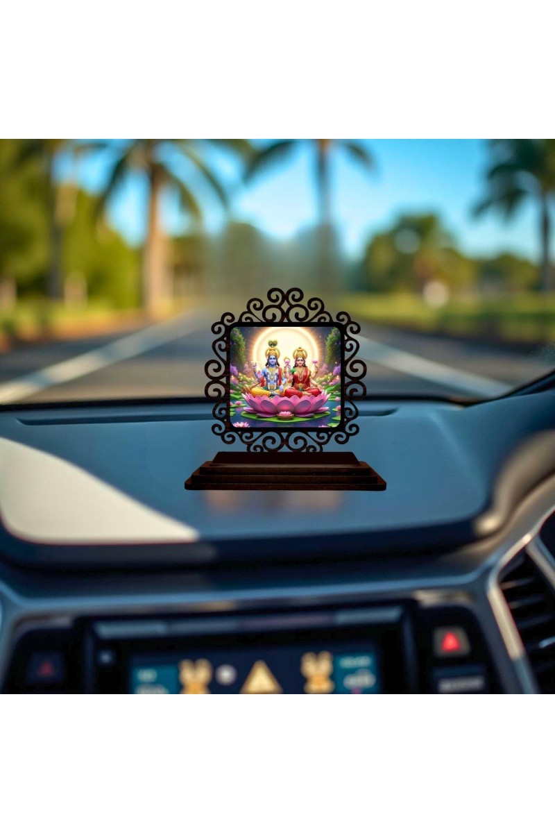 Car Desk/Table Top Lord Vishnu and Lakshmi Wooden Showpiece 3x4 Inches, Compact & Stylish Spiritual Display for Car, Home & Office (Pack of 1) (F19826)