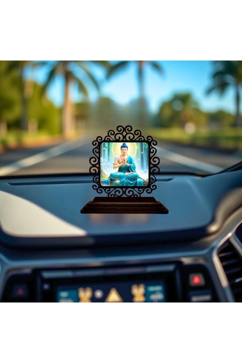 Car Desk/Table Top Lord Buddha Wooden Showpiece 3x4 Inches, Compact & Stylish Spiritual Display for Car, Home & Office (Pack of 1) (F20036)