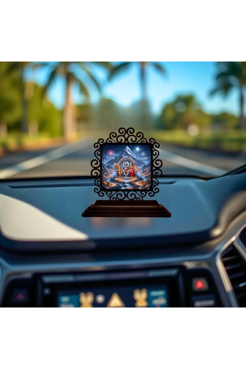Car Desk/Table Top Lord Shiva and Parvathi Wooden Showpiece 3x4 Inches, Compact & Stylish Spiritual Display for Car, Home & Office (Pack of 1) (F19955)