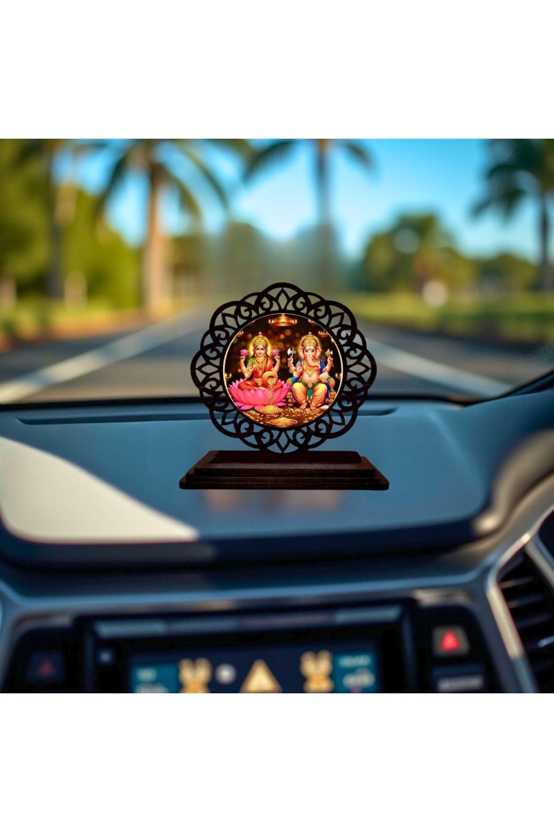 Car Desk/Table Top Lord Ganesha and Lakshmi Wooden Showpiece 3x4 Inches, Compact & Stylish Spiritual Display for Car, Home & Office (Pack of 1) (F19687)