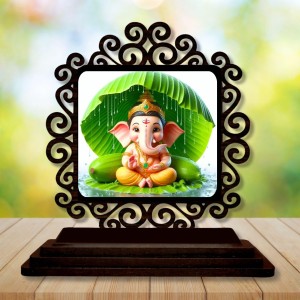 Car Desk/Table Top Lord Ganesha Wooden Showpiece 3x4 Inches, Compact & Stylish Spiritual Display for Car, Home & Office (Pack of 1) (F19956)