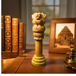 Handcrafted Ashoka Pillar Showpiece â€“ Wooden Finish Ashoka Stambh Statue for Home Decor, Office Desk, Tabletop & Gifting