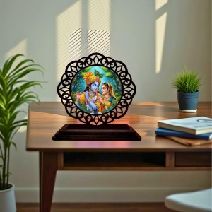 Car Desk/Table Top Sree Radha Krishna Wooden Showpiece 3x4 Inches, Compact & Stylish Spiritual Display for Car, Home & Office (Pack of 1) (F19595)