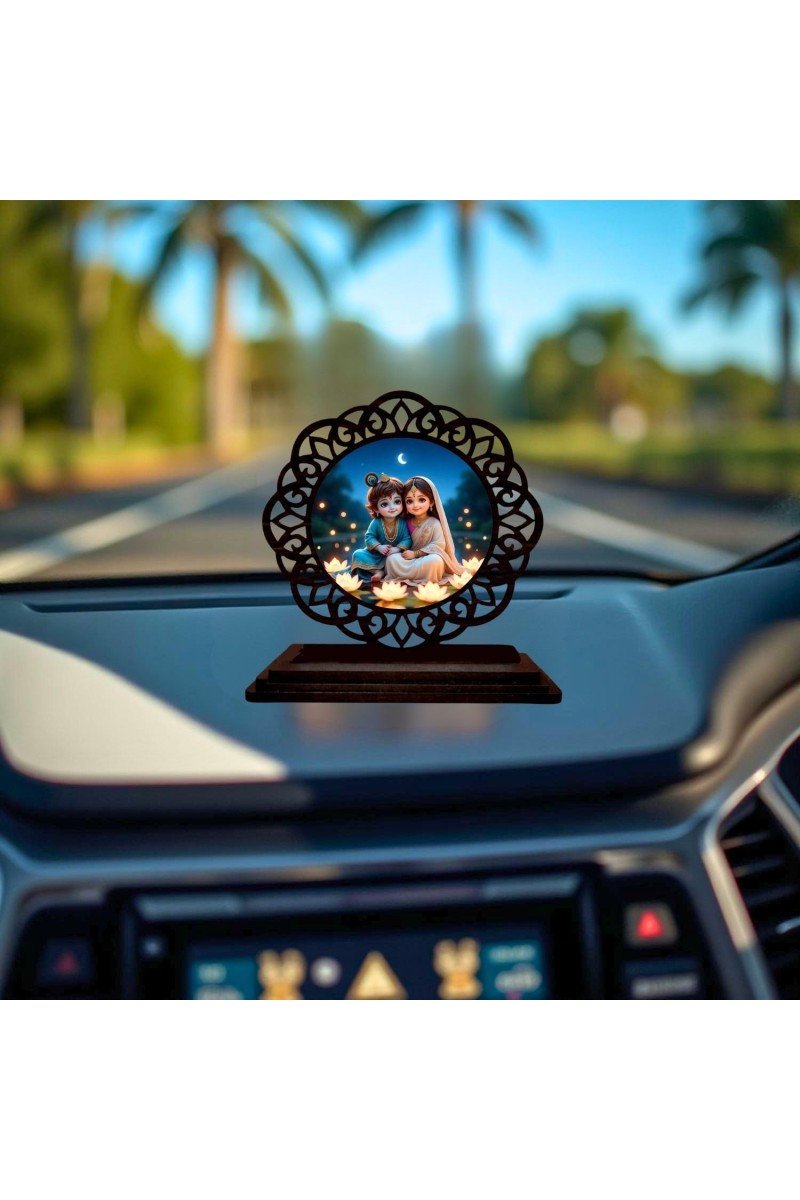 Car Desk/Table Top Cute Little Radha Krishna Wooden Showpiece 3x4 Inches, Compact & Stylish Spiritual Display for Car, Home & Office (Pack of 1) (F21219)
