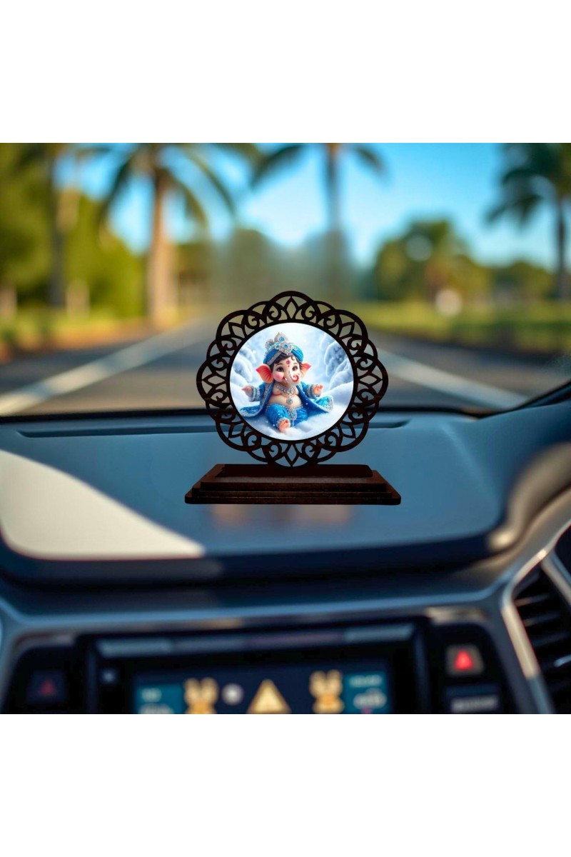 Car Desk/Table Top Lord Ganesha Wooden Showpiece 3x4 Inches, Compact & Stylish Spiritual Display for Car, Home & Office (Pack of 1) (F19730)