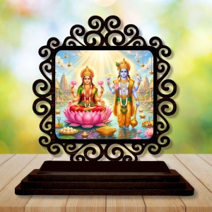 Car Desk/Table Top Lord Vishnu and Lakshmi Wooden Showpiece 3x4 Inches, Compact & Stylish Spiritual Display for Car, Home & Office (Pack of 1) (F19810)