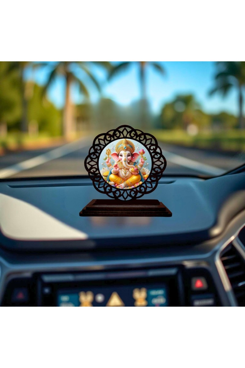 Car Desk/Table Top Lord Ganesha Wooden Showpiece 3x4 Inches, Compact & Stylish Spiritual Display for Car, Home & Office (Pack of 1) (F19590)