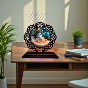 Car Desk/Table Top Lord Krishna Wooden Showpiece 3x4 Inches, Compact & Stylish Spiritual Display for Car, Home & Office (Pack of 1) (F19719)