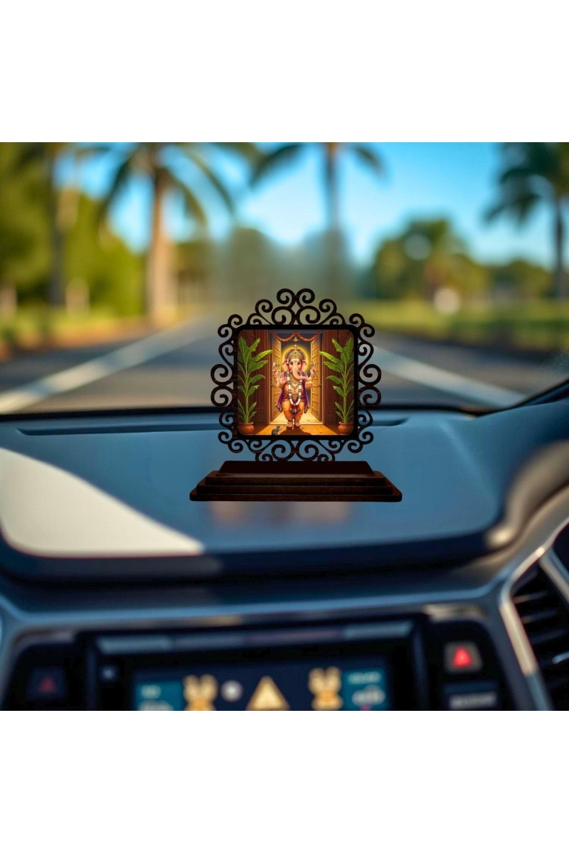 Car Desk/Table Top Lord Ganesha Wooden Showpiece 3x4 Inches, Compact & Stylish Spiritual Display for Car, Home & Office (Pack of 1) (F19899)