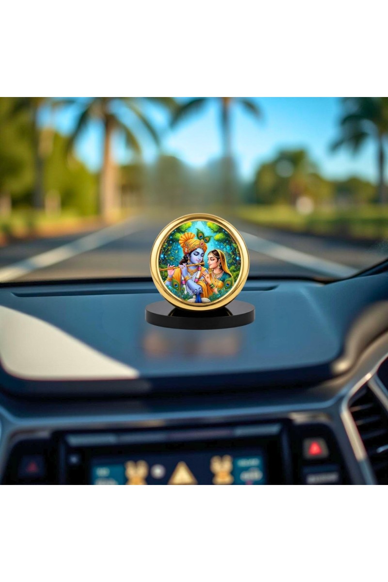 Car Desk/Table Top Radha Krishna Metal Golden Photo Stand 2x2 Inches, Compact & Stylish Spiritual Display for Car, Home & Office (Pack of 1) (F18438)