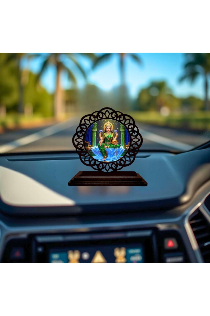 Car Desk/Table Top Goddess Lakshmi Wooden Showpiece 3x4 Inches, Compact & Stylish Spiritual Display for Car, Home & Office (Pack of 1) (F19754)