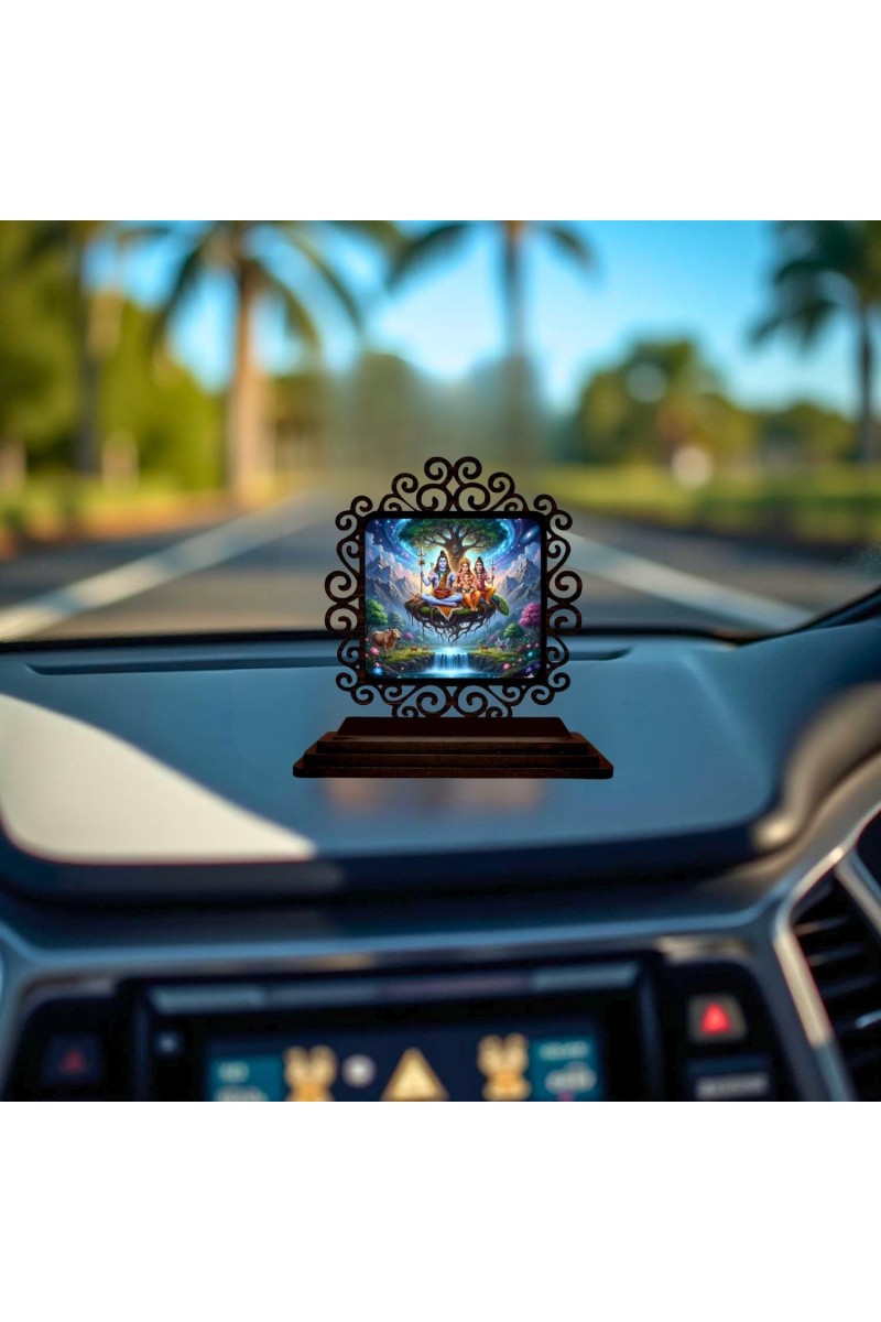 Car Desk/Table Top Lord Shiva and Family Wooden Showpiece 3x4 Inches, Compact & Stylish Spiritual Display for Car, Home & Office (Pack of 1) (F19967)
