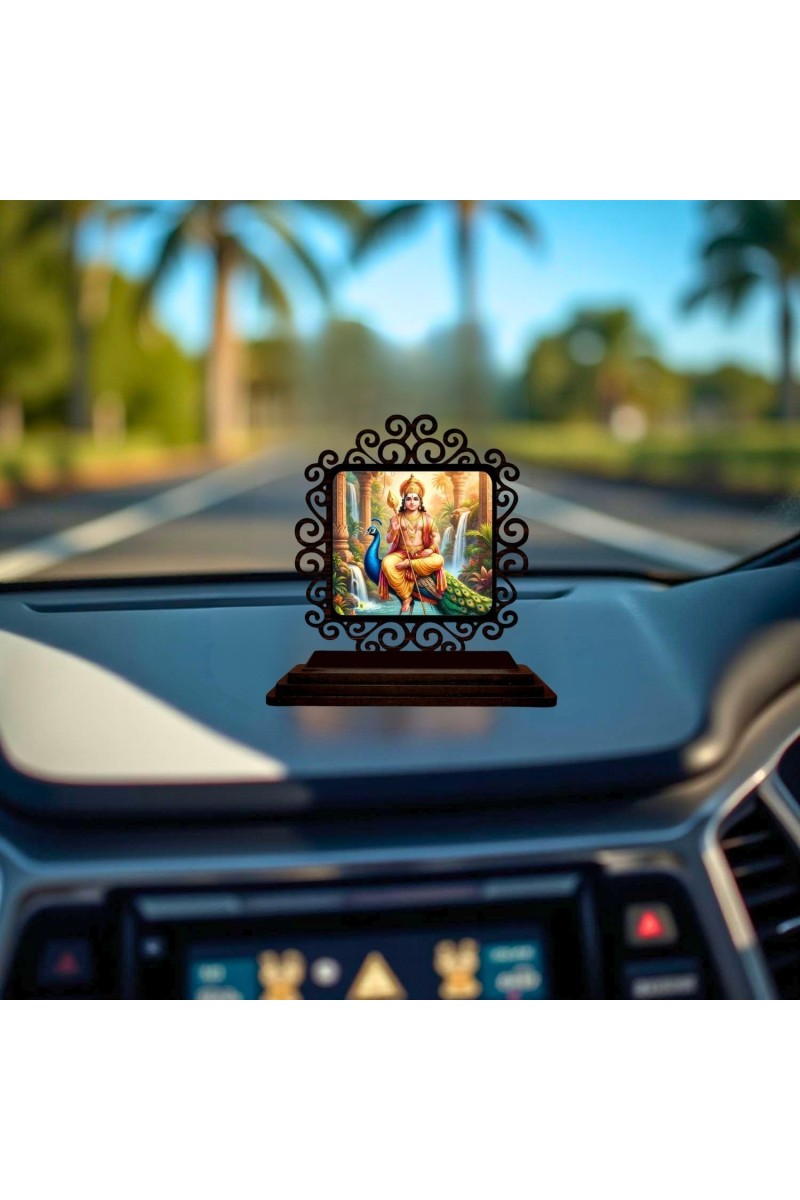 Car Desk/Table Top Lord Karthikeya Wooden Showpiece 3x4 Inches, Compact & Stylish Spiritual Display for Car, Home & Office (Pack of 1) (F19777)