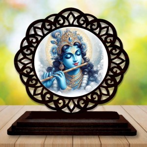Car Desk/Table Top Lord Krishna Wooden Showpiece 3x4 Inches, Compact & Stylish Spiritual Display for Car, Home & Office (Pack of 1) (F19591)