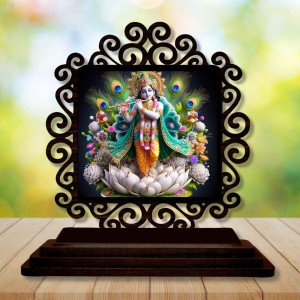 Car Desk/Table Top Lord Krishna Wooden Showpiece 3x4 Inches, Compact & Stylish Spiritual Display for Car, Home & Office (Pack of 1) (F19890)