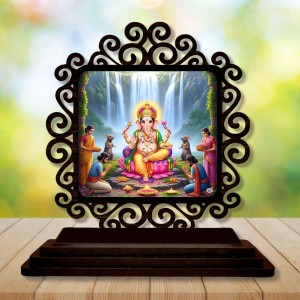 Car Desk/Table Top Lord Ganesha Wooden Showpiece 3x4 Inches, Compact & Stylish Spiritual Display for Car, Home & Office (Pack of 1) (F19902)