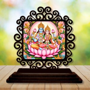Car Desk/Table Top Lord Vishnu and Lakshmi Wooden Showpiece 3x4 Inches, Compact & Stylish Spiritual Display for Car, Home & Office (Pack of 1) (F20041)