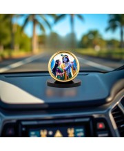 Car Desk/Table Top Lord Krsihna and Radha Metal Golden Photo Stand 2x2 Inches, Compact & Stylish Spiritual Display for Car, Home & Office (Pack of 1) (F18571)