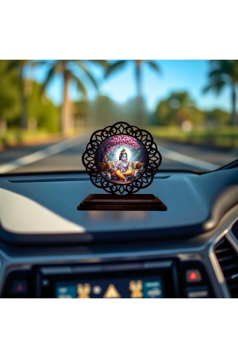 Car Desk/Table Top Lord Krishna Wooden Showpiece 3x4 Inches, Compact & Stylish Spiritual Display for Car, Home & Office (Pack of 1) (F19750)
