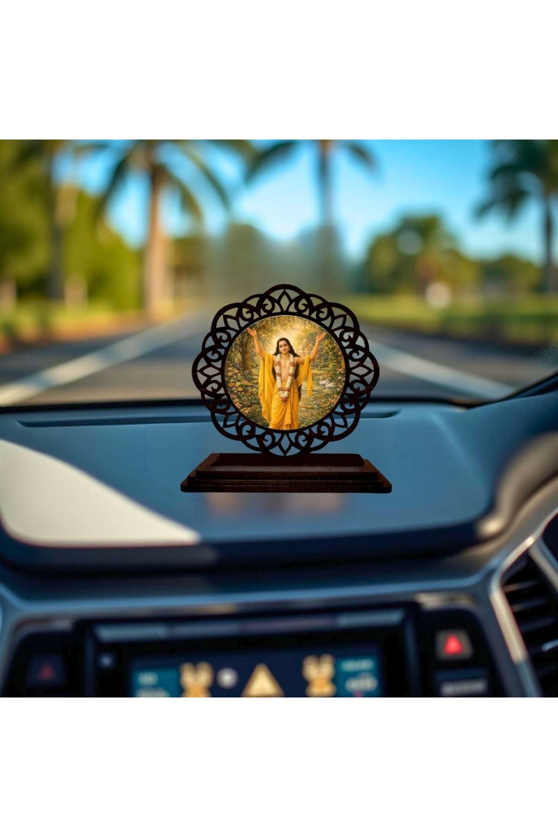 Car Desk/Table Top Sri Chaitanya Mahaprabhu Wooden Showpiece 3x4 Inches, Compact & Stylish Spiritual Display for Car, Home & Office (Pack of 1) (F19616)