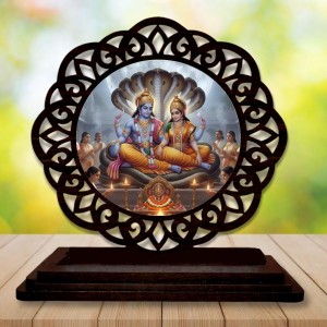 Car Desk/Table Top Lord Vishnu Lakshmi Wooden Showpiece 3x4 Inches, Compact & Stylish Spiritual Display for Car, Home & Office (Pack of 1) (F19642)