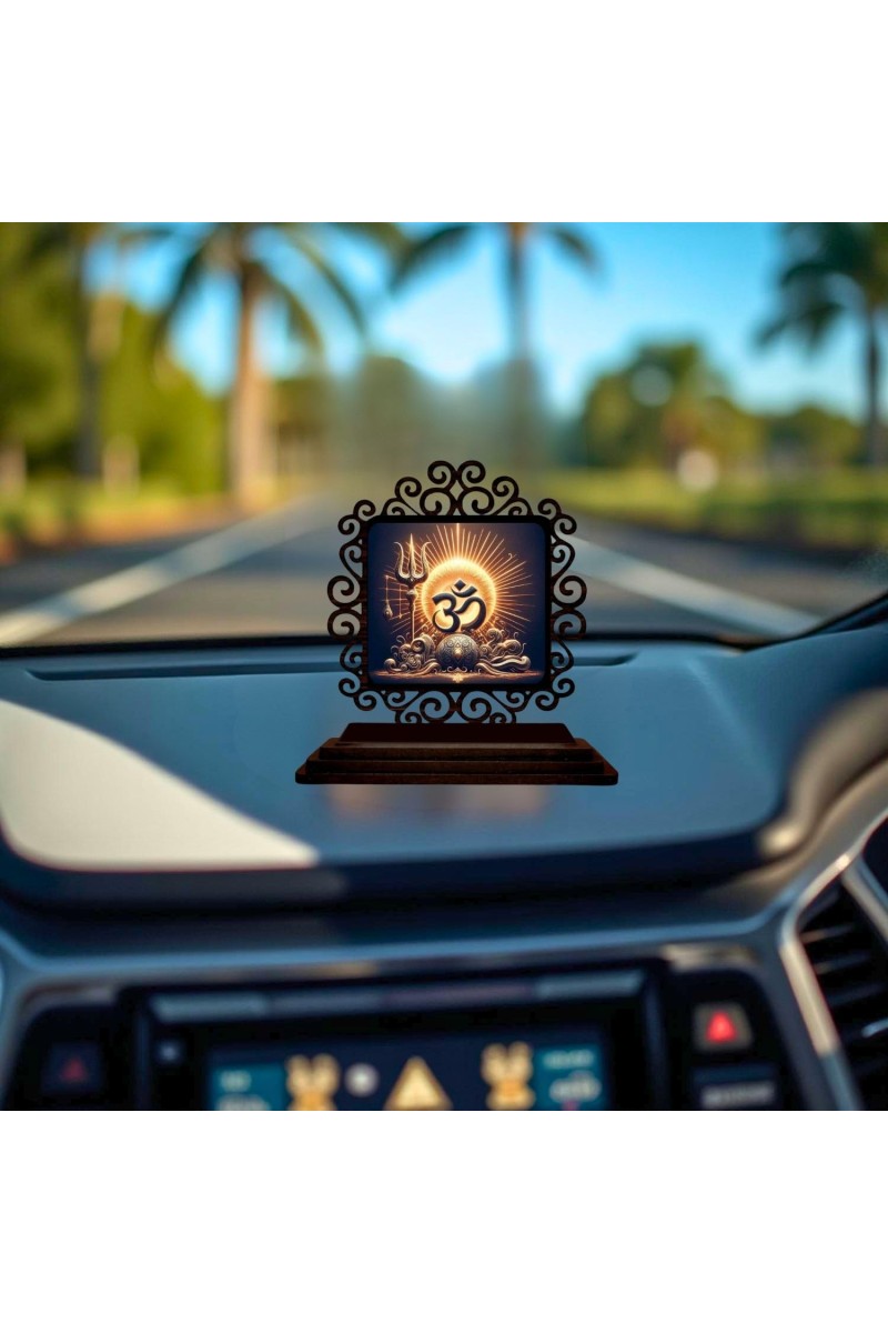 Car Desk/Table Top Omm Symbol Wooden Showpiece 3x4 Inches, Compact & Stylish Spiritual Display for Car, Home & Office (Pack of 1) (F20051)
