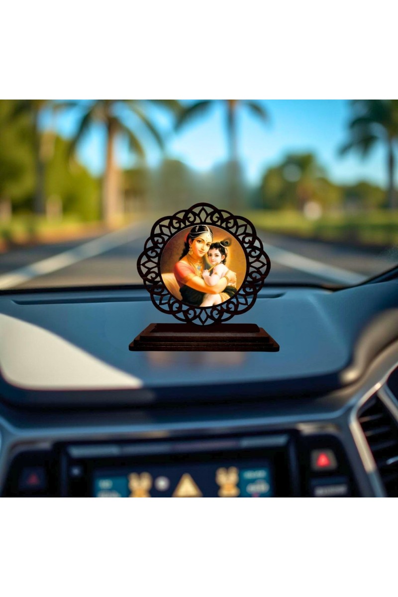 Car Desk/Table Top Yashodha and Krishna Wooden Showpiece 3x4 Inches, Compact & Stylish Spiritual Display for Car, Home & Office (Pack of 1) (F19724)