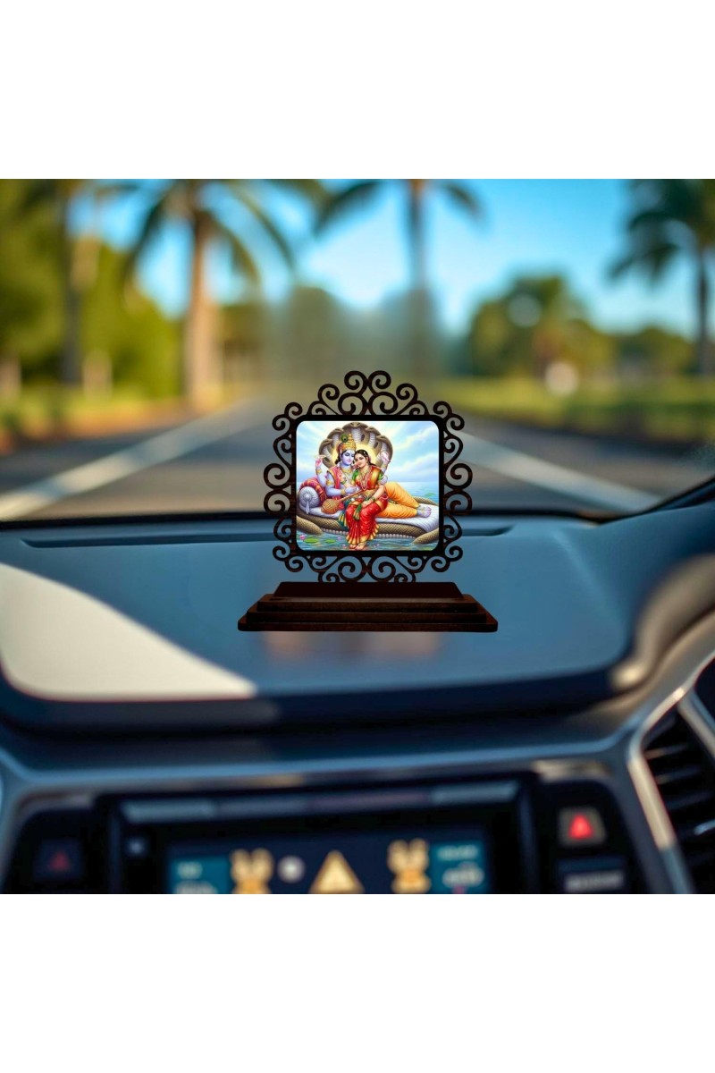 Car Desk/Table Top Lord Vishnu and Lakshmi Wooden Showpiece 3x4 Inches, Compact & Stylish Spiritual Display for Car, Home & Office (Pack of 1) (F19823)