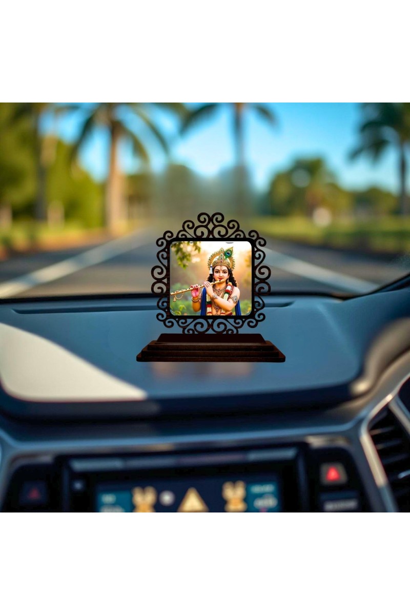 Car Desk/Table Top Lord Krishna Wooden Showpiece 3x4 Inches, Compact & Stylish Spiritual Display for Car, Home & Office (Pack of 1) (F19975)