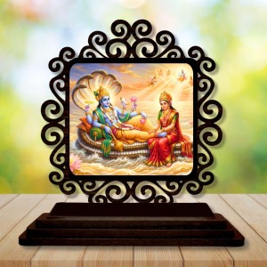Car Desk/Table Top Lord Vishnu and Lakshmi Wooden Showpiece 3x4 Inches, Compact & Stylish Spiritual Display for Car, Home & Office (Pack of 1) (F19814)