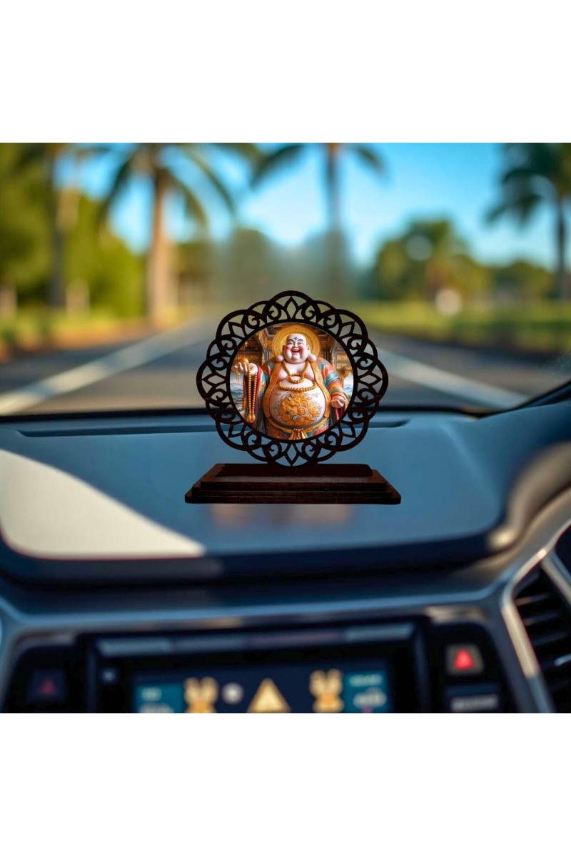 Car Desk/Table Top Laughing Buddha Wooden Showpiece 3x4 Inches, Compact & Stylish Spiritual Display for Car, Home & Office (Pack of 1) (F19568)