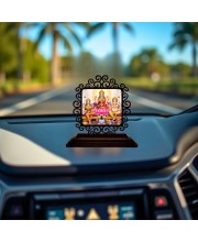 Car Desk/Table Top Lord Ganesha and Lakshmi and Saraswathi Wooden Showpiece 3x4 Inches, Compact & Stylish Spiritual Display for Car, Home & Office (Pack of 1) (F19876)