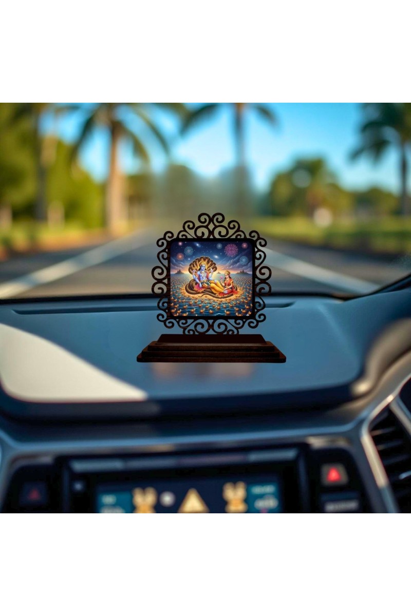 Car Desk/Table Top Lord Vishnu and Lakshmi Wooden Showpiece 3x4 Inches, Compact & Stylish Spiritual Display for Car, Home & Office (Pack of 1) (F19880)