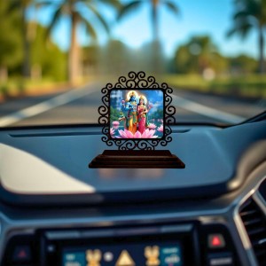 Car Desk/Table Top Lord Vishnu and Lakshmi Wooden Showpiece 3x4 Inches, Compact & Stylish Spiritual Display for Car, Home & Office (Pack of 1) (F19989)