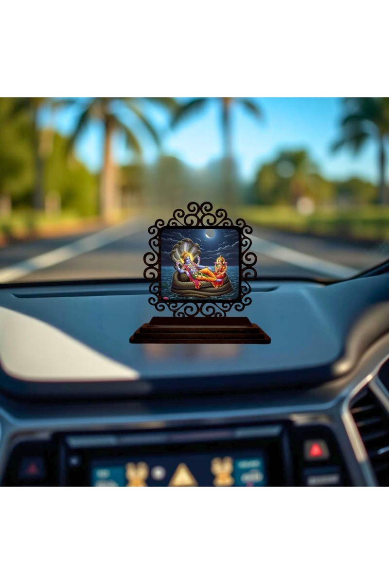 Car Desk/Table Top Lord Vishnu and Lakshmi Wooden Showpiece 3x4 Inches, Compact & Stylish Spiritual Display for Car, Home & Office (Pack of 1) (F20005)