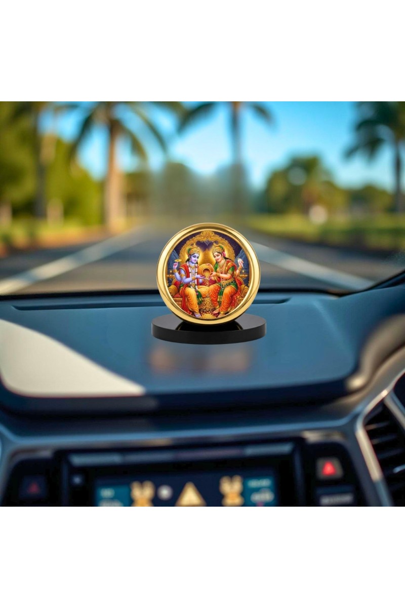 Car Desk/Table Top Lord Vishnu and Lakshmi Metal Golden Photo Stand 2x2 Inches, Compact & Stylish Spiritual Display for Car, Home & Office (Pack of 1) (F18569)