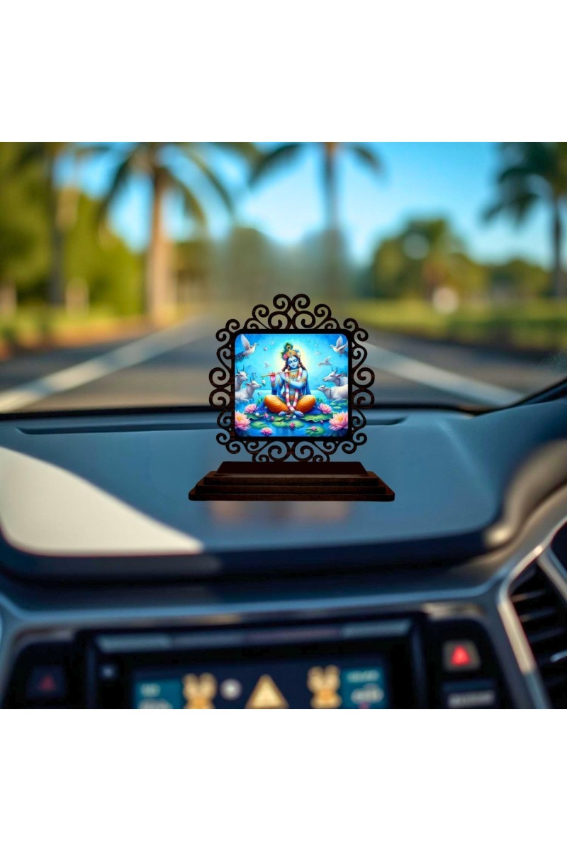 Car Desk/Table Top Lord Krishna Wooden Showpiece 3x4 Inches, Compact & Stylish Spiritual Display for Car, Home & Office (Pack of 1) (F20014)
