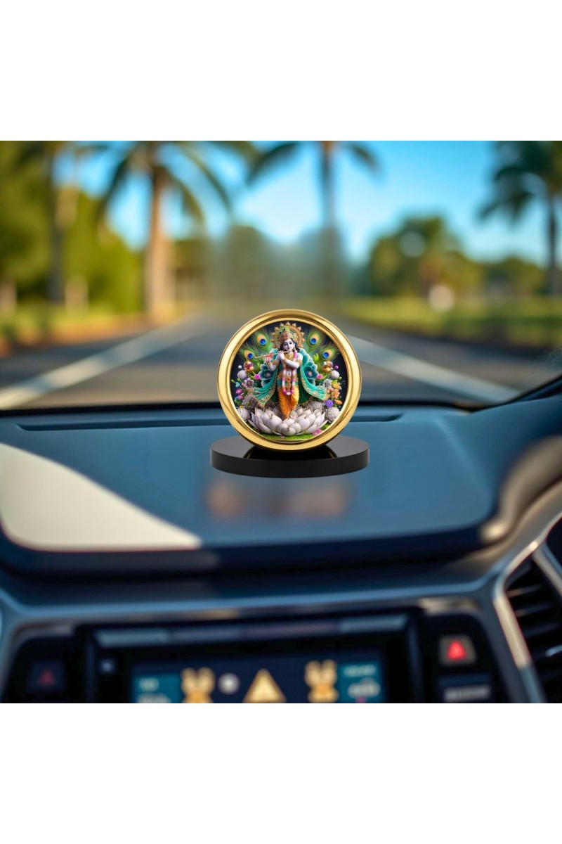 Car Desk/Table Top Lord Krishna Metal Golden Photo Stand 2x2 Inches, Compact & Stylish Spiritual Display for Car, Home & Office (Pack of 1) (F18809)