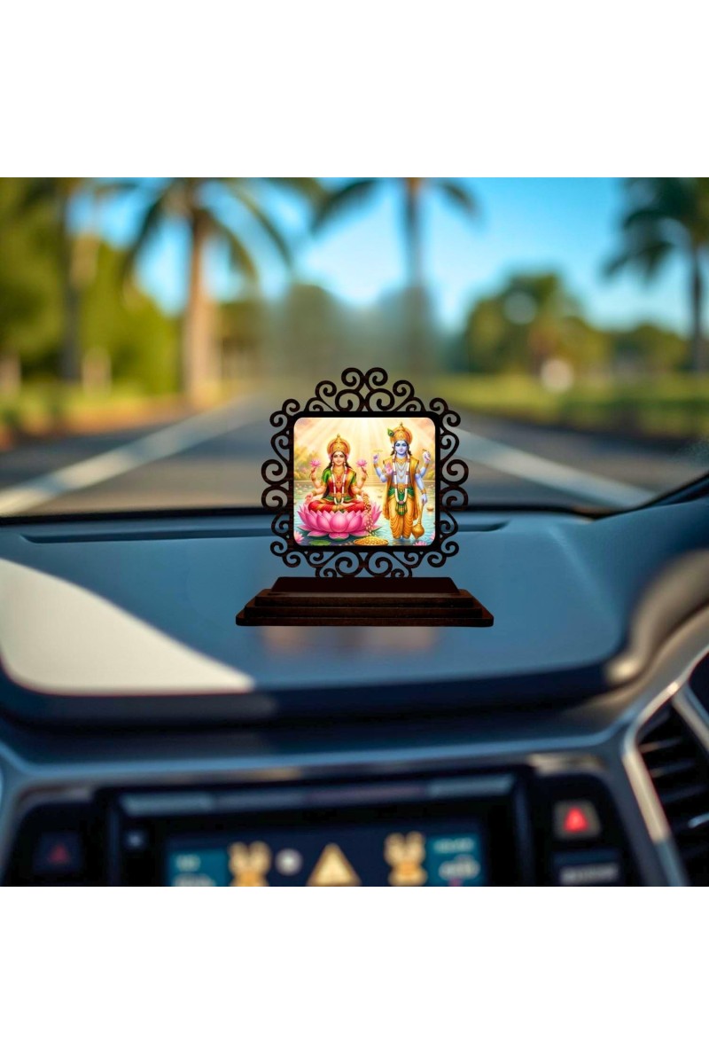 Car Desk/Table Top Lord Vishnu and Lakshmi Wooden Showpiece 3x4 Inches, Compact & Stylish Spiritual Display for Car, Home & Office (Pack of 1) (F19815)