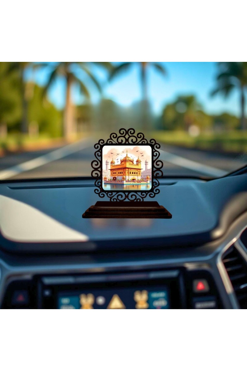 Car Desk/Table Top Golden Temple Wooden Showpiece 3x4 Inches, Compact & Stylish Spiritual Display for Car, Home & Office (Pack of 1) (F19864)