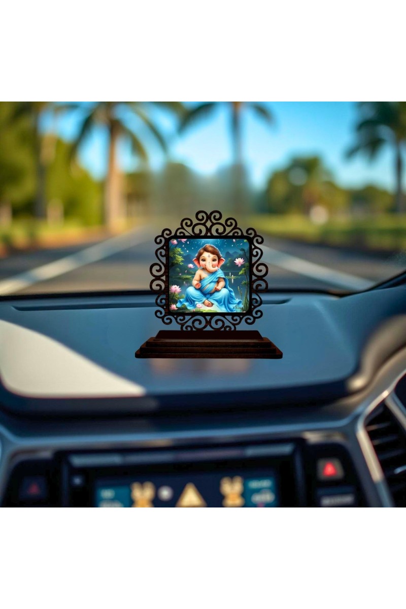 Car Desk/Table Top Lord Ganesha Wooden Showpiece 3x4 Inches, Compact & Stylish Spiritual Display for Car, Home & Office (Pack of 1) (F19884)