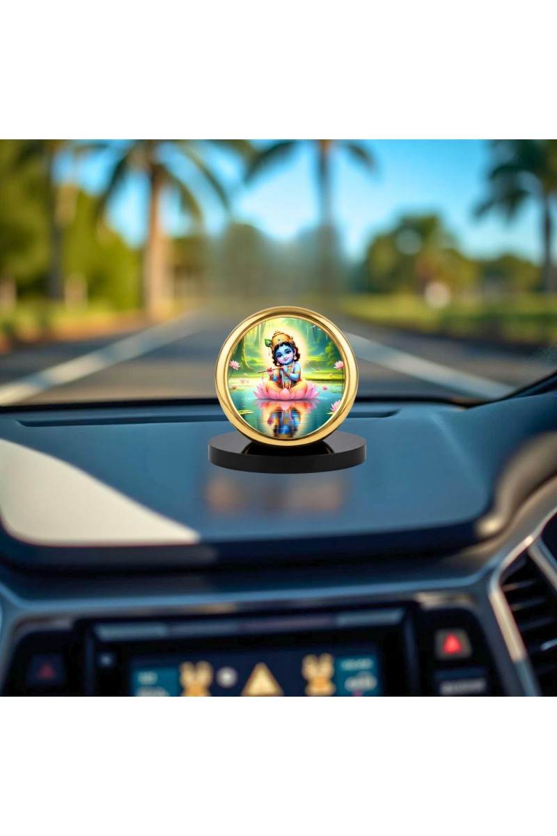 Car Desk/Table Top Lord Krishna Metal Golden Photo Stand 2x2 Inches, Compact & Stylish Spiritual Display for Car, Home & Office (Pack of 1) (F18702)
