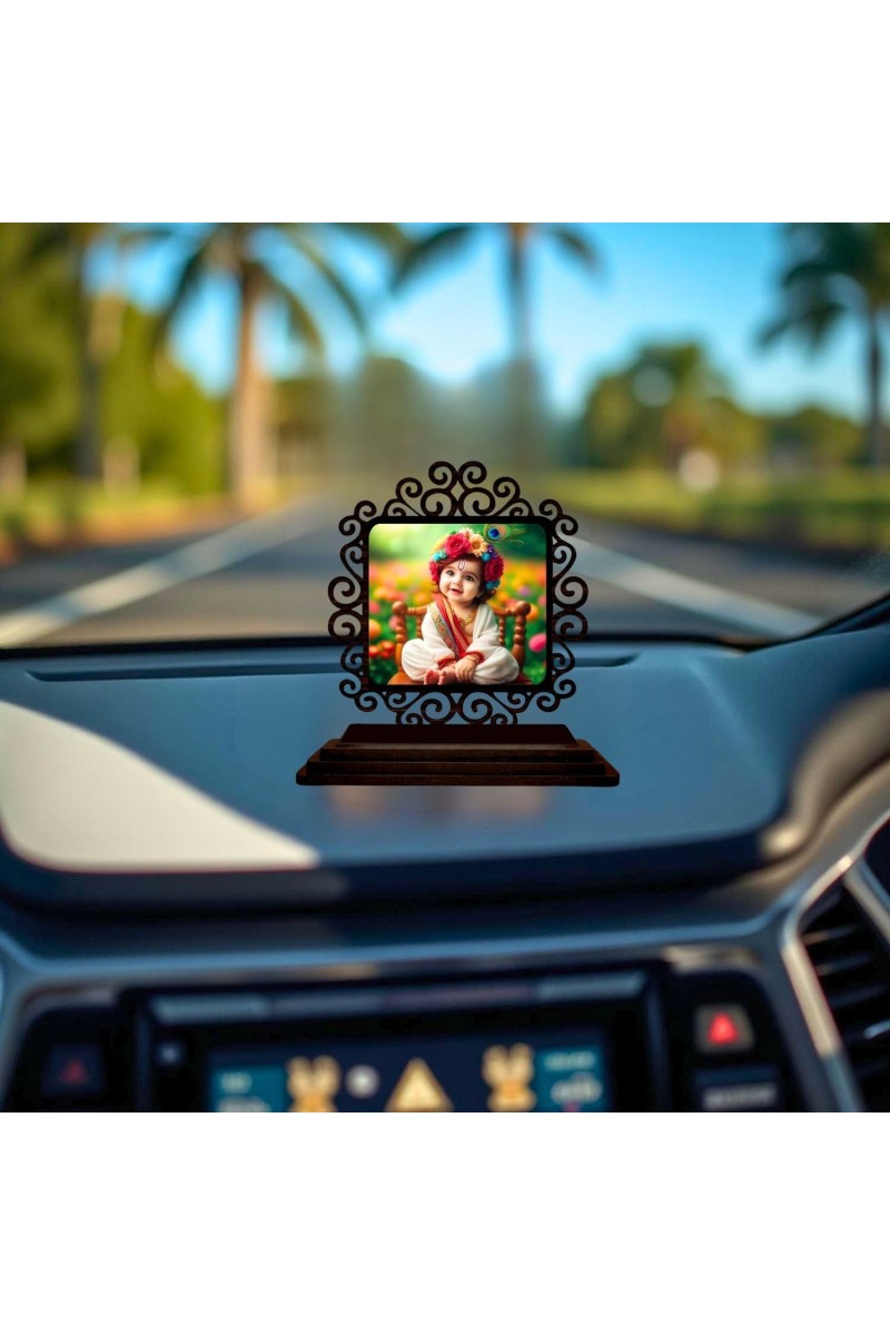 Car Desk/Table Top Lord Krishna Wooden Showpiece 3x4 Inches, Compact & Stylish Spiritual Display for Car, Home & Office (Pack of 1) (F19954)
