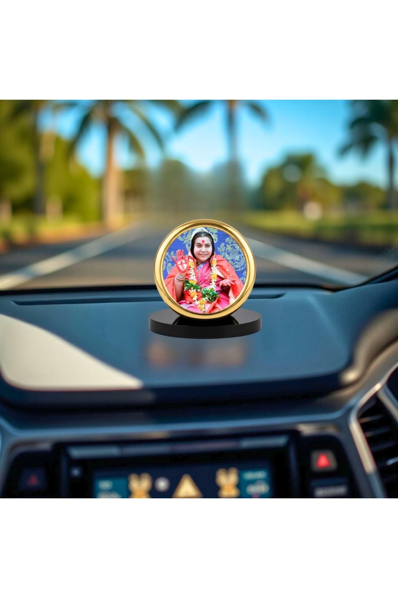 Car Desk/Table Top Shri Mataji Nirmala Devi Metal Golden Photo Stand 2x2 Inches, Compact & Stylish Spiritual Display for Car, Home & Office (Pack of 1) (F18538)