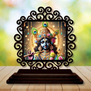 Car Desk/Table Top Lord Krishna Wooden Showpiece 3x4 Inches, Compact & Stylish Spiritual Display for Car, Home & Office (Pack of 1) (F19816)