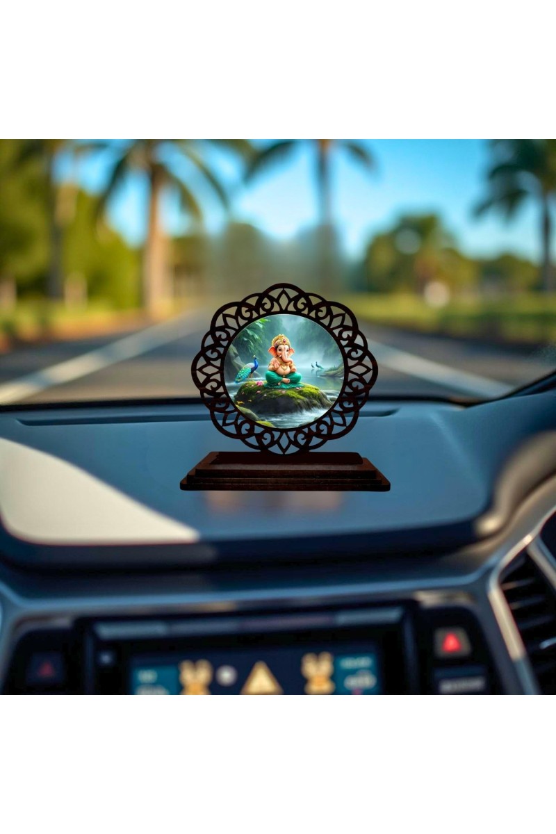 Car Desk/Table Top Lord Ganesha Wooden Showpiece 3x4 Inches, Compact & Stylish Spiritual Display for Car, Home & Office (Pack of 1) (F19674)