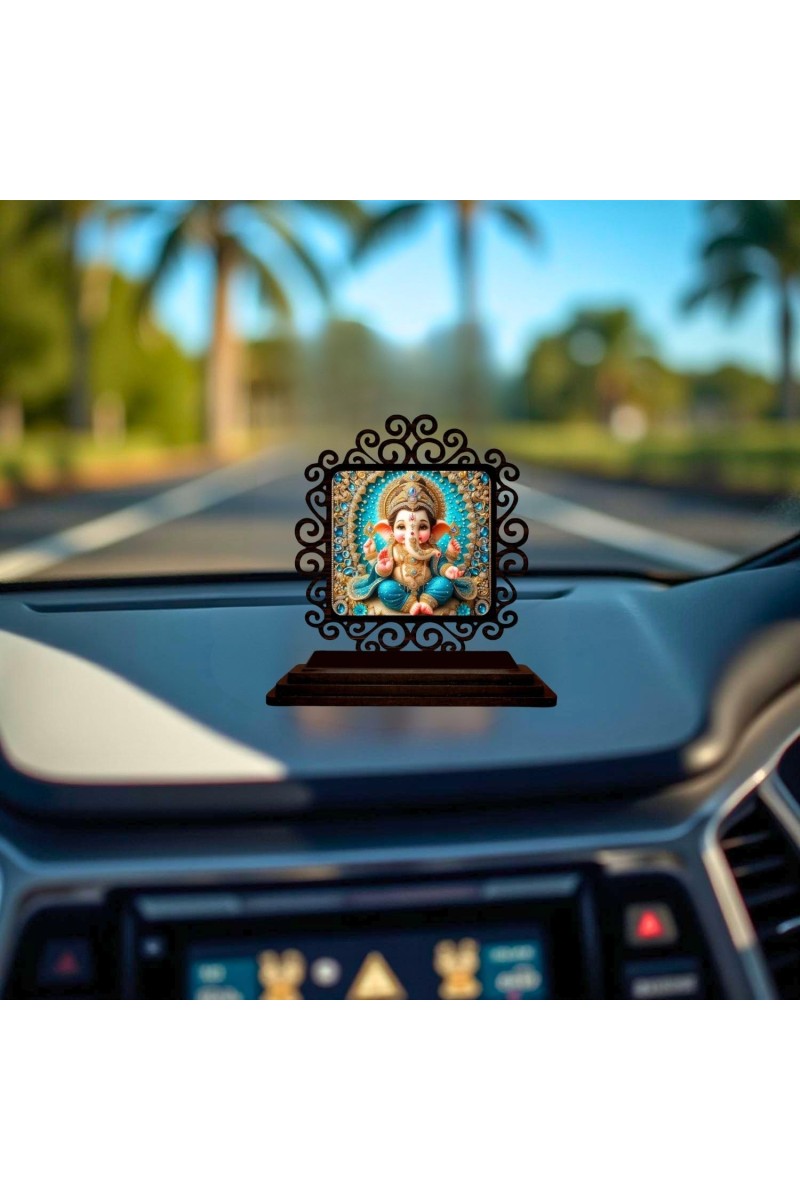 Car Desk/Table Top Lord Ganesha Wooden Showpiece 3x4 Inches, Compact & Stylish Spiritual Display for Car, Home & Office (Pack of 1) (F19964)